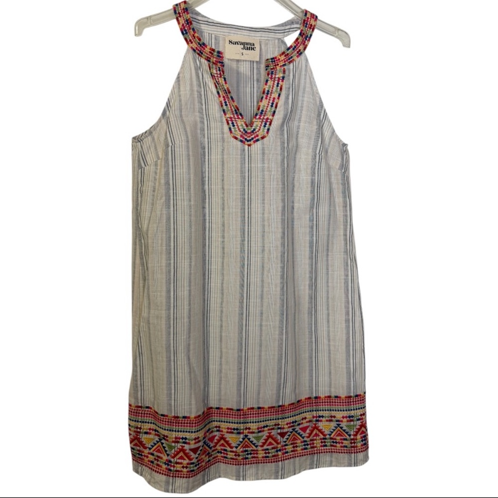 NWOT Savanna Jane Geometric Embroidered Striped Sleeveless‎ Dress - Size Small